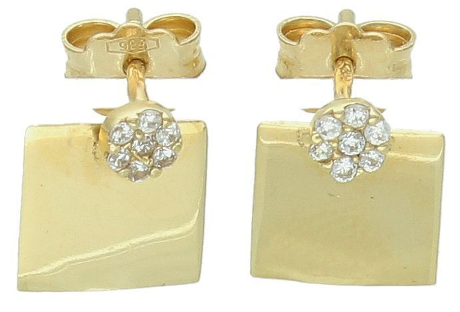 Kolczyki damskie wiszące złote kwadraty z cyrkonią KL2534A GR VII Złote kolczyki 585 kwadraciki. Te oryginalne kolczyki ze złota, kształtem elementu ozdobnego przypominają 1.jpg